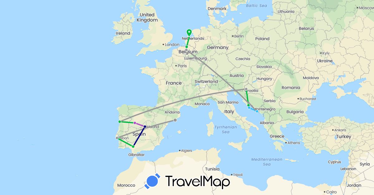 TravelMap itinerary: driving, bus, plane, train, boat in Belgium, Spain, Croatia, Netherlands, Portugal (Europe)